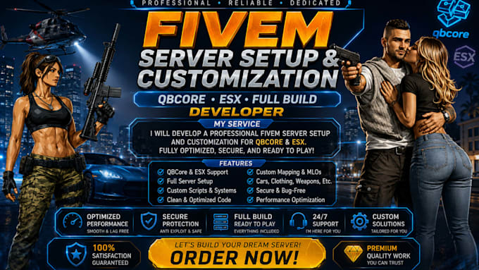 develop a fivem server setup and customization qbcore esx developer full build