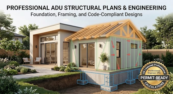 provide adu structural engineering foundation plan roof framing and calcs