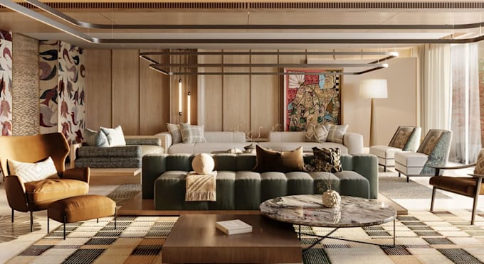 convert 2d layout plan to 3d warm minimalist,contemporary interior,japandi style