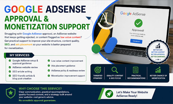 help you get google adsense approval, setup and monetization