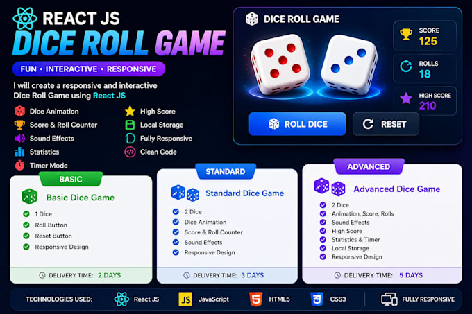create a responsive dice roll game using react js