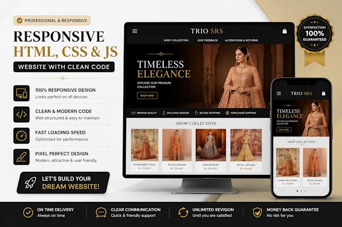 create responsive HTML , js and CSS website with clean code