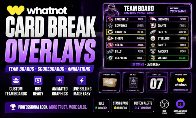 create custom whatnot card break overlays and team boards