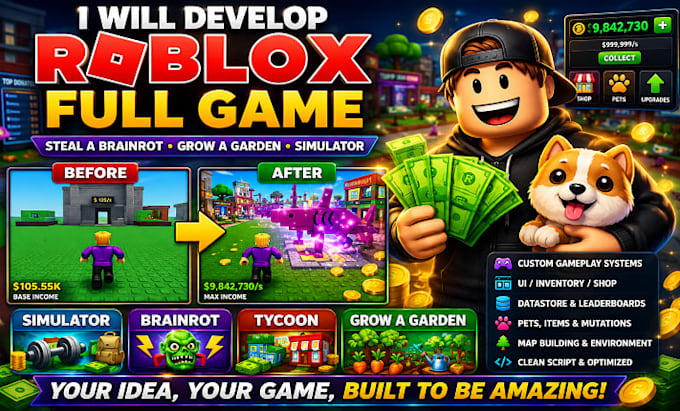 develop roblox full game, steal a brainrot, grow a garden, simulator game