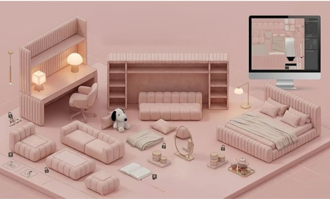 build low li full perm 3d mesh funiture set for 3d second life or imvu