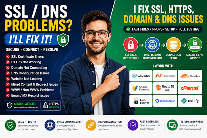 fix SSL, https, domain, dns and website connection issues