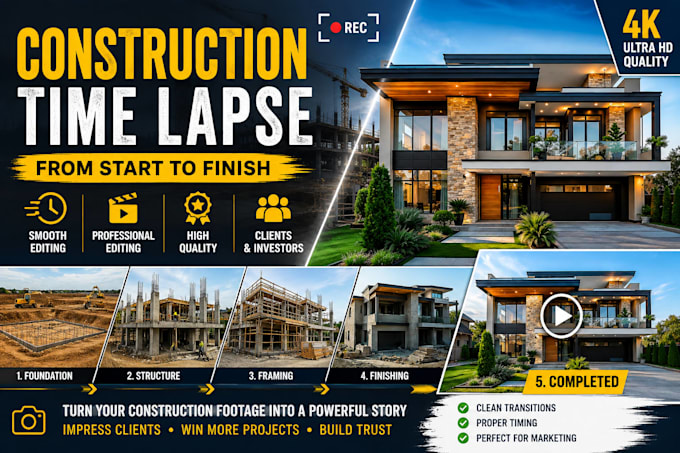 create a professional construction time lapse video from start to finish in 4k