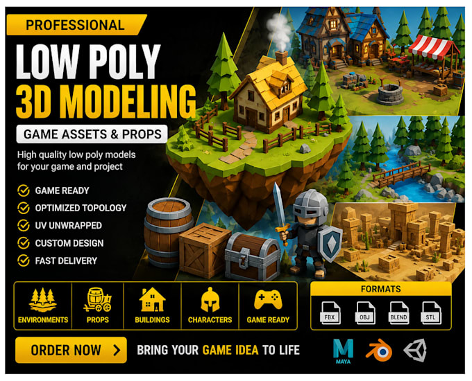 create stylized, low poly models, game props or asset packs