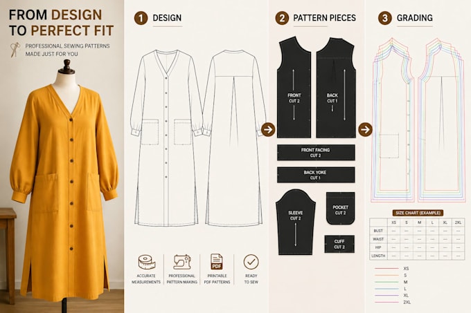create sewing pattern, clothing pattern, pattern making, PDF pattern and grading