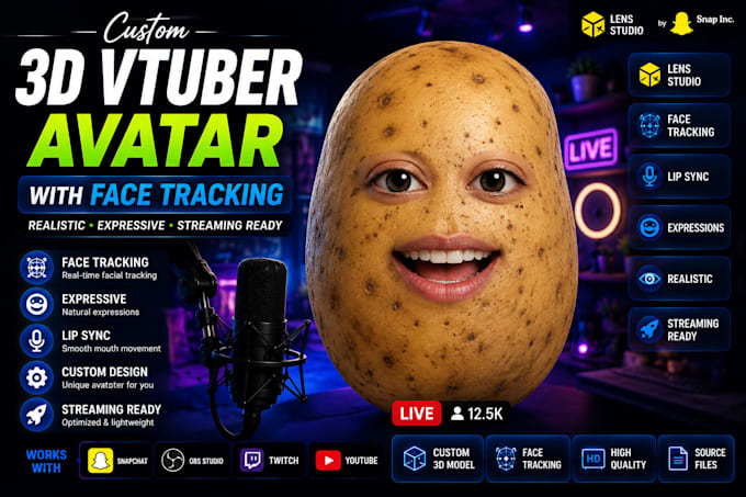 create a custom 3d vtuber avatar , face tracking for lens studio streaming