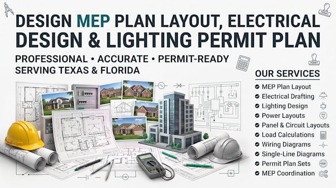 design mep plan layout, electrical design and lighting permit plan texas florida