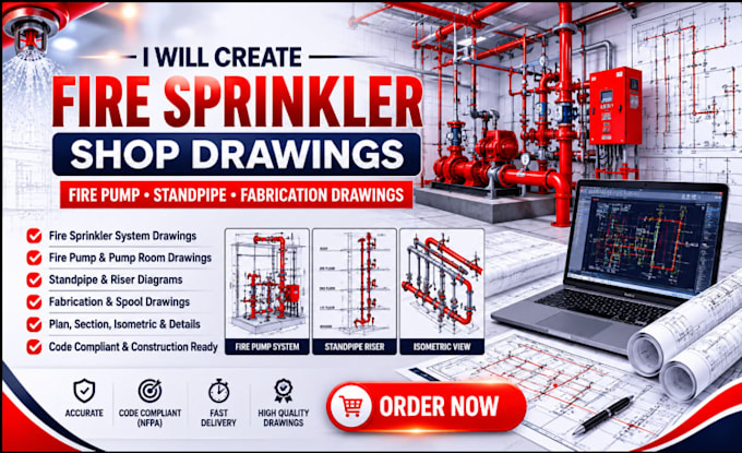 create fire sprinkler shop drawings, fire pump standpipe, fabrication drawings