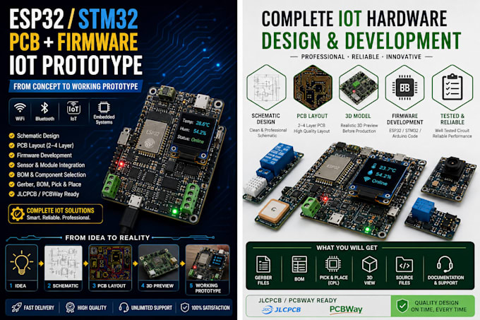 design esp32 stm32 iot pcb, schematic, and embedded prototype for jlcpcb