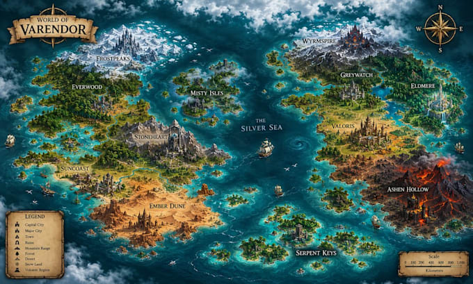 design board game map, fantasy map dnd map rpg map and world map illustration