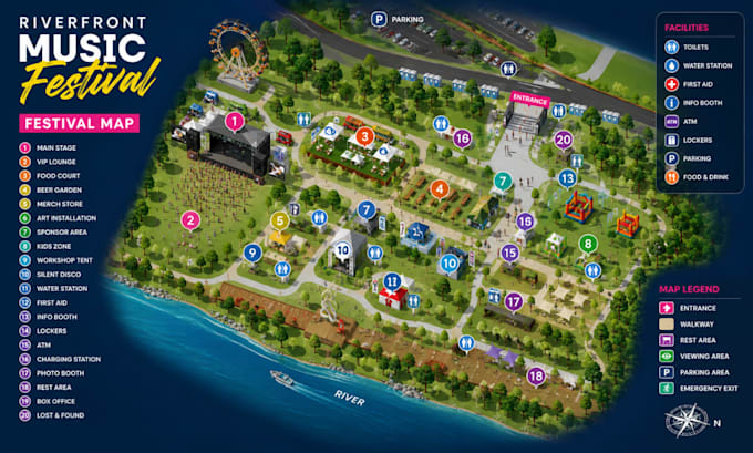 design event map, isometric map, festival map, and vector illustration