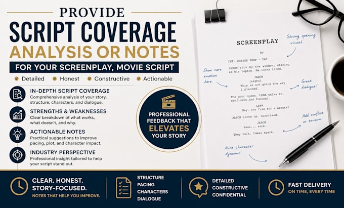 provide script coverage, analysis or notes, for your screenplay, movie script
