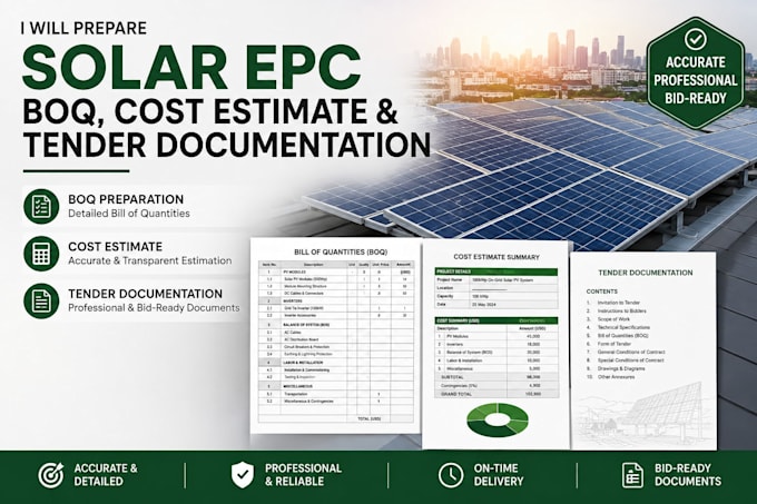 prepare solar epc boq, cost estimate and tender documentation