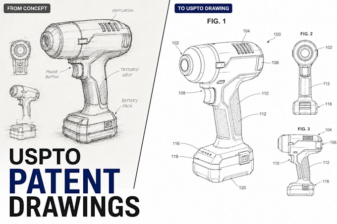 create 2d patent drawings and technical blueprints for inventions