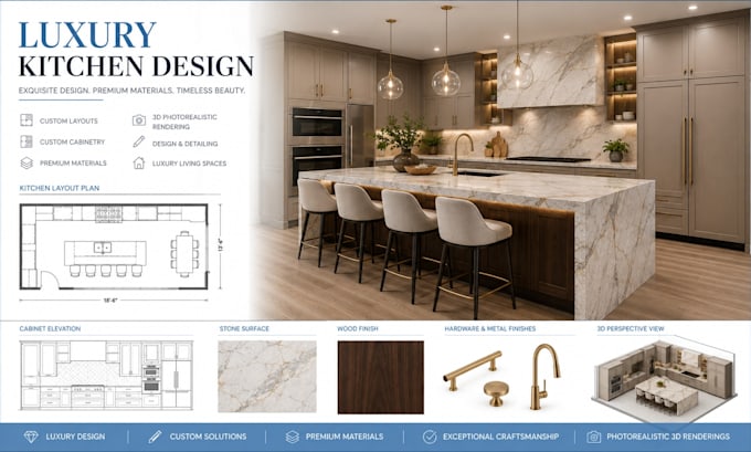 design luxury kitchen with materials, finishes and realistic 3d visualization