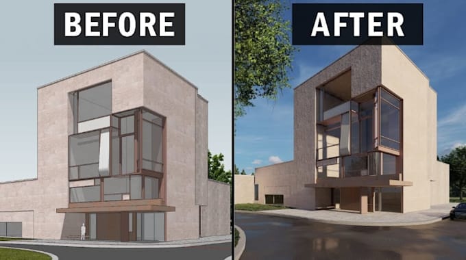 create a detailed 3d architectural exterior model and photorealistic render
