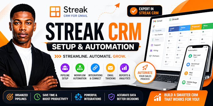 setup streak CRM, automation, workflows and integrations