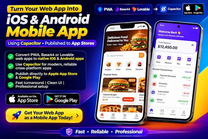 convert pwa base44 or lovable web app to ios  android app with capacitor publish