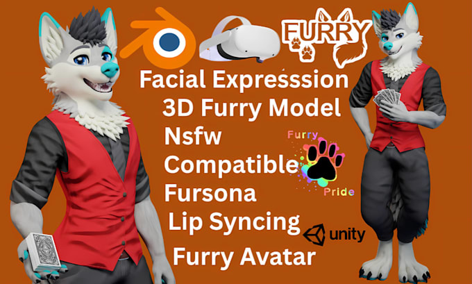 create custom furry vrchat avatar with fbt pc quest compatible fursona 3d model