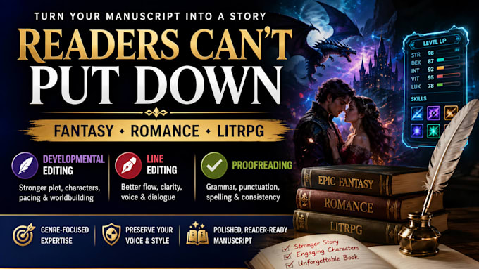 developmental editing, line editing, proofreading for fantasy, romance, litrpg