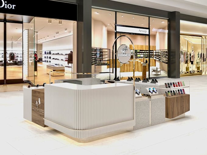 design a 3d mobile gadget showroom with realistic rendering