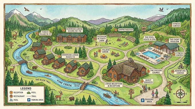 illustrate unique custom resort map, hotel map, campground map and tourist map