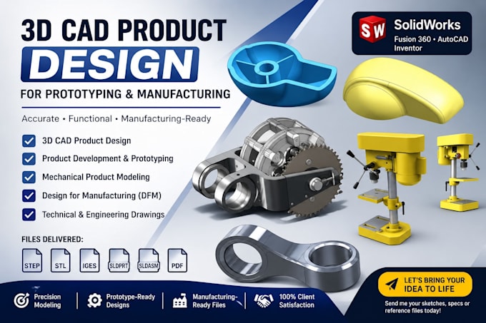 create 3d cad product designs mechanical part for prototyping and manufacturing