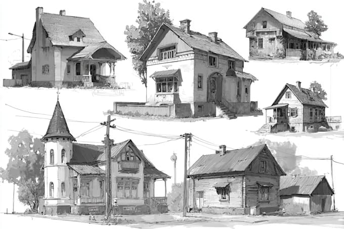 sketch houses and buildings