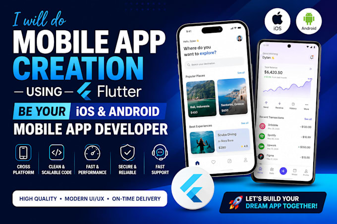 do mobile app creation using flutter and be your mobile app developer