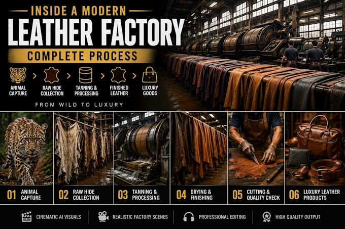 create realistic ai leather factory and manufacturing process videos
