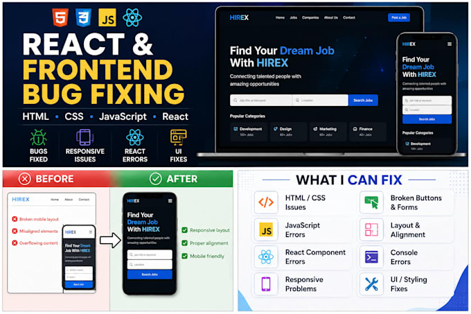 fix HTML CSS javascript and react bugs