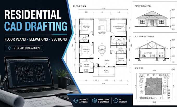 draft residential cad floor plans, elevations, sections and site plans