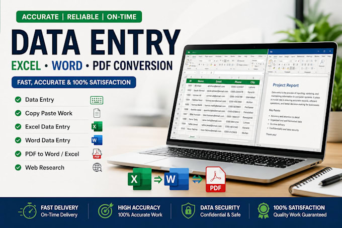 do excel data entry, word formatting and PDF conversion