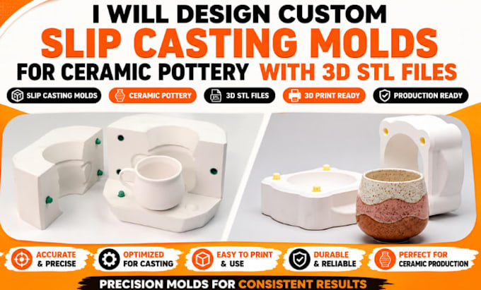 design custom slip casting molds for ceramic pottery with 3d stl files