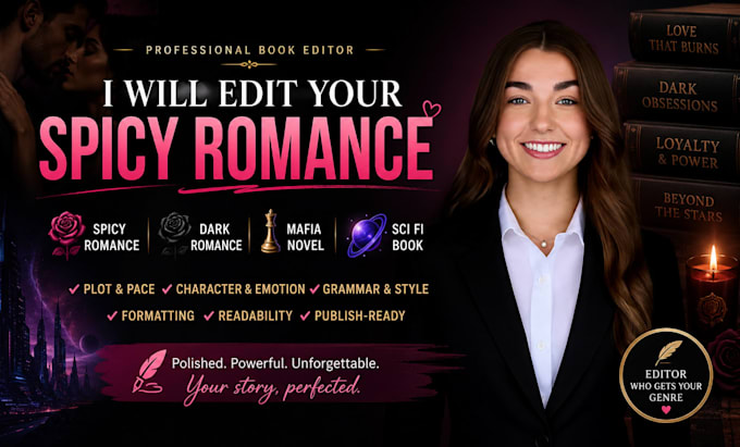 edit your spicy romance, format dark romance, mafia novel, sci fi book editor