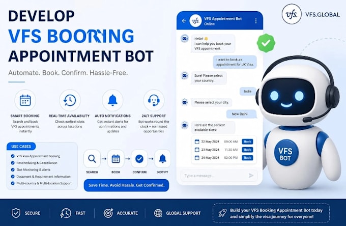 develop booking appointment bot,vfs bot,booking bot,vfs appointment,booking bot