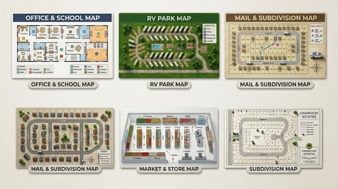 design office school map, rv park map, mail map, market store, subdivision map