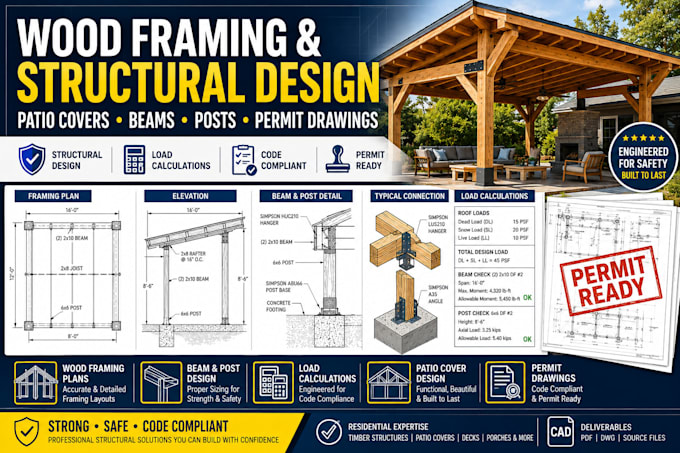 design wood framing, patio covers, beams, posts and permit drawings