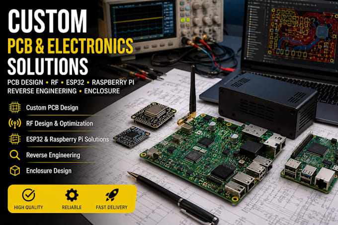 develop custom pcb, rf, esp32, raspberry pi and enclosure solutions