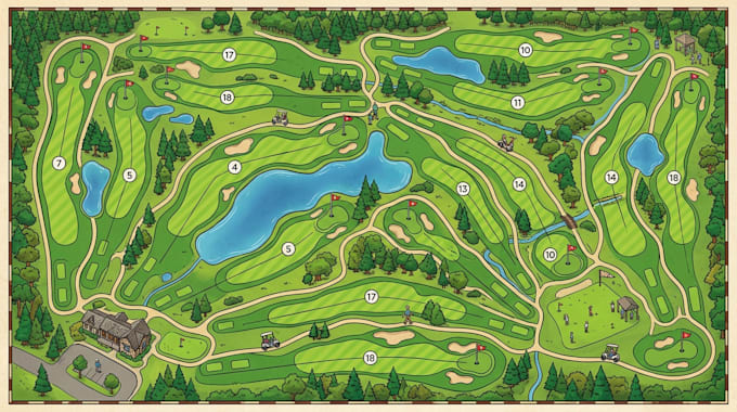 create an illustrated golf course map with fairways, holes, paths and icons