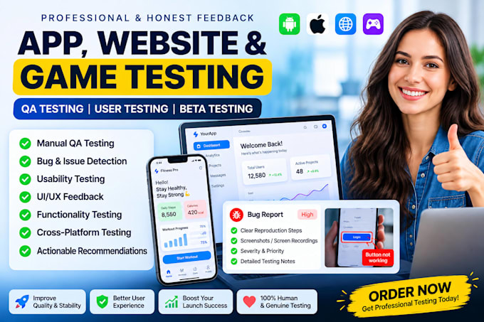 do app testing website testing QA testing user testing and bug testing