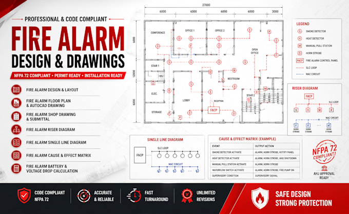 design fire alarm layout, shop drawing and riser diagram