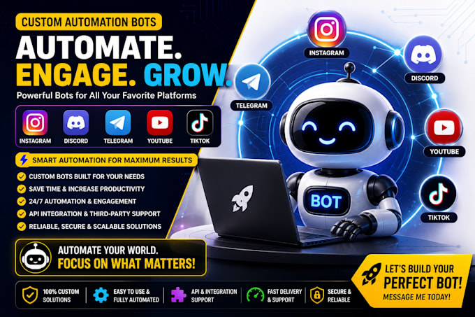 create automation bots for instagram, discord, telegram, youtube, tiktok bot