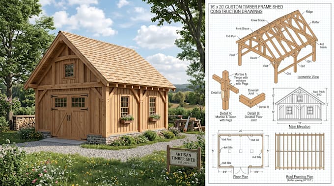 design custom timber frame shed with 3d models and construction drawings