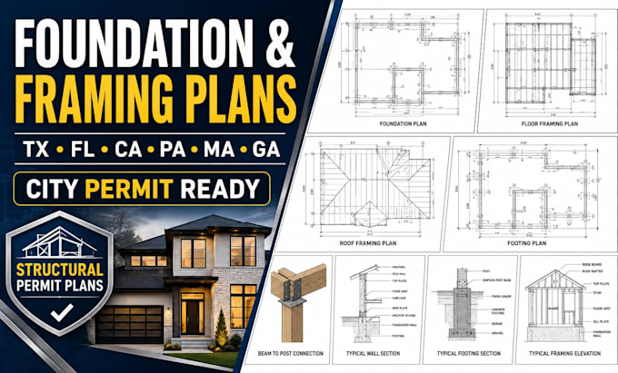 do tx fl ca pa ma ga structural foundation plan, framing plans for city permits