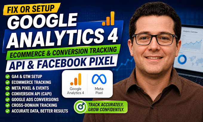 fix or setup google analytics 4,ecommerce conversion tracking API facebook pixel